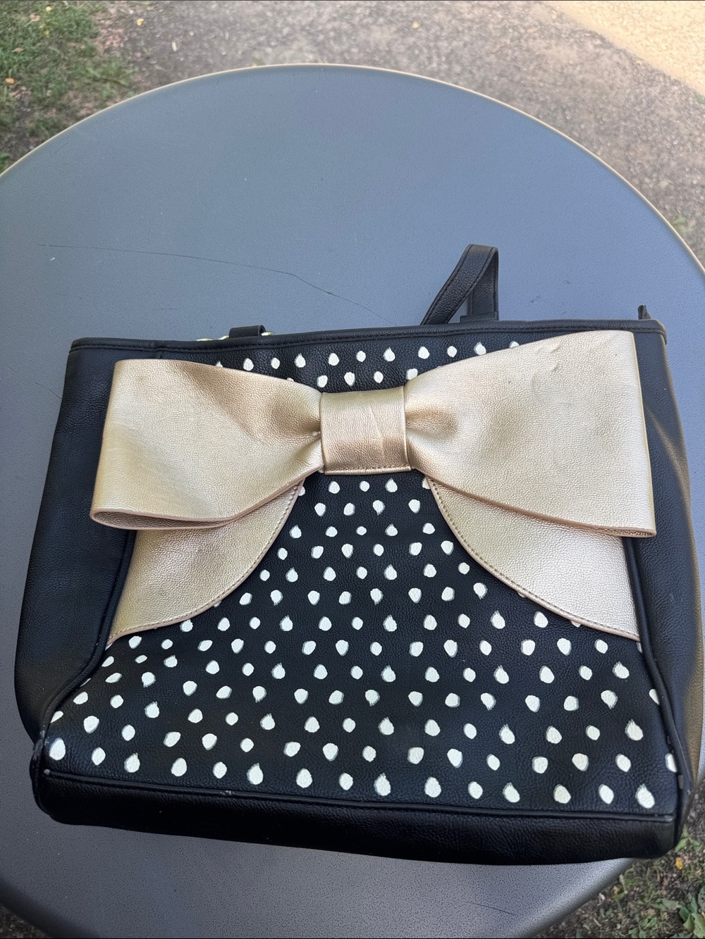 Betsey Johnson Black Polka Dot Shoulder Bag with Gold Bow Accent
